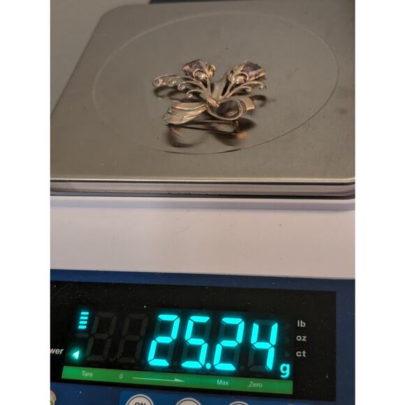 Vintage 40's Hollywood Regency Sterling Amethyst Glass Flower Ribbon Brooch - Picture 7 of 7